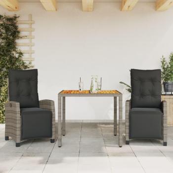 VidaXL 3‑Piece Patio Dining Set with Cushions, Gray Poly Rattan
