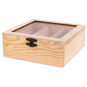 Rosa träbox med lapp och tre sektioner – 20 x 20 x 8 cm