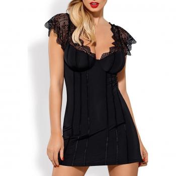 Schwarzer Babydoll „Obsessive Leidenschaft“ mit Spitze an den Schultern und Bügel, ergänzt durch einen String – Größe S/M