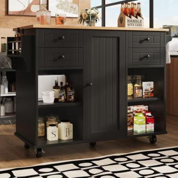 Desserte de cuisine 127x46x91,5 cm – tables pliantes, 4 tiroirs + 1 porte – buffet en MDF & métal noir