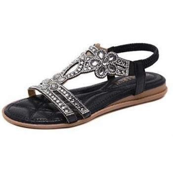 ZOEREA Sandales Plates Femme Été T-Strap Strass Bohême Noir