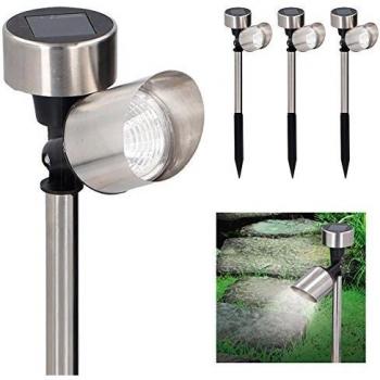 BAKAJI 3er-Solarlampen-Set – Erdspieß-Strahler mit LED, weiß, verstellbar, Silber/Schwarz, IP44