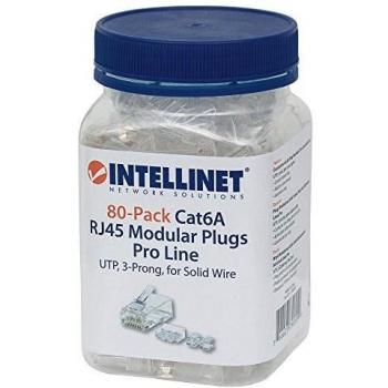 RJ45 Intellinet Pro Line Modular Plug, Cat6A, 3-Pin, Gold-Plated Contacts for Solid Wiring, Pack of 80