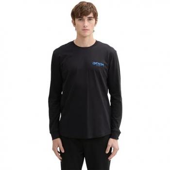 TOM TAILOR DENIM Herren Langarmshirt mit Logo-Print, Schwarz, Uni, Größe L