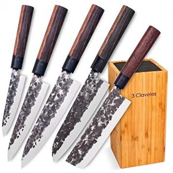 Set de 5 Cuchillos Forjados a Mano Estilo Asiático con Base de Bambú