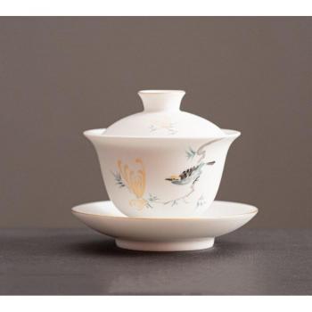 Keramik Gaiwan Teetasse 120ml mit handgemalten Blumen und Vögeln