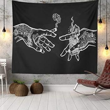 Boho Wandteppich mit Blumenhänden in Schwarz und Weiß, Trippy Psychedelisch, Wandbehang für Schlafzimmer und Wohnzimmer, 60×52 inch