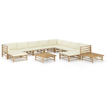 12 Piece Garden Lounge Set with Cream White Cushions Bamboo