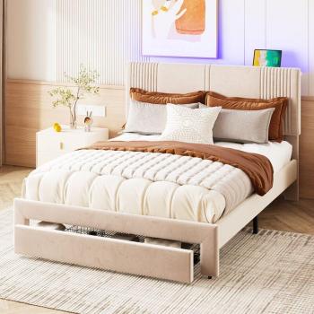 Lit capitonné double lumineux, porte‑USB, dossier ergonomique et grand tiroir, 140 × 200 cm, velours couleur beige