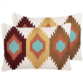 Set di 2 Cuscini Decorativi Multicolore in Cotone con Motivo Geometrico Ricamato a Mano 40 x 60 cm, Copertura Sfoderabile e Imbottitura Inclusa