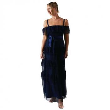 Navy Pleated Mesh Tiered Gown with Satin Belt (Size 12)