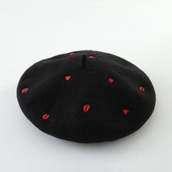 Sweet Girl's 100% Wool Beret Hat with Heart Embroidery