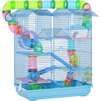 Gabbia per Criceti e Roditori a 5 Piani con Tubi Colorati, Ruota, Casetta e Accessori Inclusi, Blu, 47x30x59cm