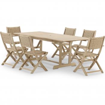 Comedor Jardín Extensible 150/210 x 90: 2 Sillas de Madera con Brazo y 4 de Ratán Sintético – Java Light