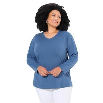 Ulla Popken Relaxed Fit Shirt, Damen, Rundhals, Langarm, Größe 54/56, blau