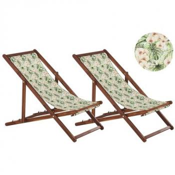 Set di 2 Sedie Sdraio da Giardino in Legno d'Acacia Scuro con Tessuto Floreale per Sedile Reclinabile e Pieghevole