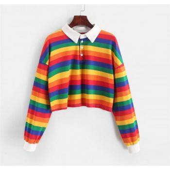 Korean Style Long Sleeve Polo Shirt for Women with Rainbow Stripes