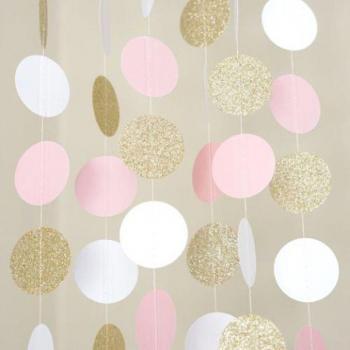 Pancarta Opaca Roze Wit Goud con Purpurina Cirkel Stippen – Guirnalda de 10 pies, decoración doméstica