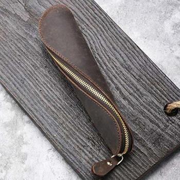WOOWA Leather Pencil Case, Small Vintage Handmade Pen Case with Zipper, Genuine Leather Art Craft Spiral Pen Holder Pencil Pouch