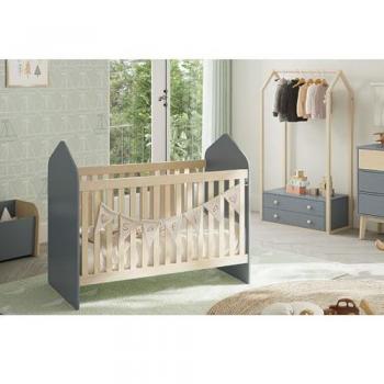 Lit Bébé Cabane 60x120cm + Penderie Gris et Naturel