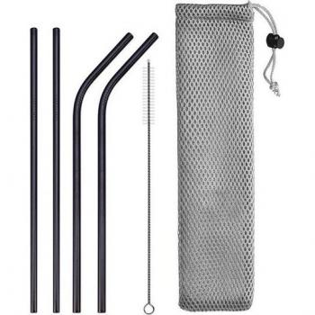 DEOUNY Metall Cocktailstrohhalme Set, 11 Stück, gerade und gebogen, mit Reinigungsbürste und Tasche