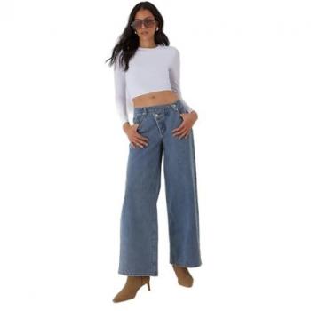 MISSPAP Women’s Mid Wash Asymmetric Wide Leg Jeans, Size 10