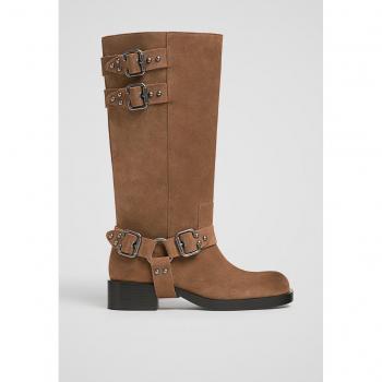 Stradivarius Beige Buckle Detail Flat Leather Biker Boots