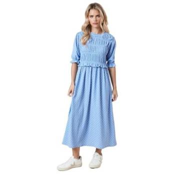 Petite Blue Spot Shirred Bodice Midi Dress with Puff Sleeves