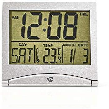 Nedis Réveil de Voyage Numérique Argent avec Fonction Date et Température