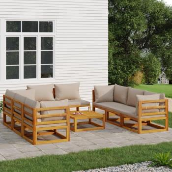 Salon de jardin 9 pièces en bois massif avec coussins taupe