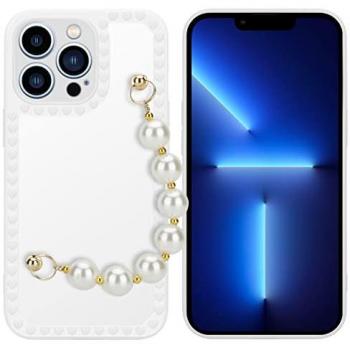 Coque en silicone TPU blanche à perles pour iPhone 13 Pro avec bracelet