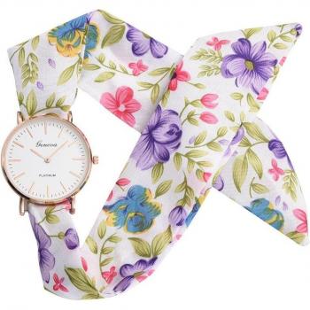 Montre Femme en Tissu Jacquard avec Motif Floral