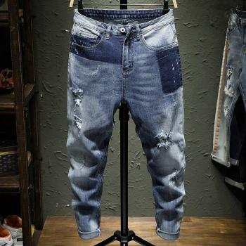 Jeans stretch pour hommes bleu clair dégradé trous de patch