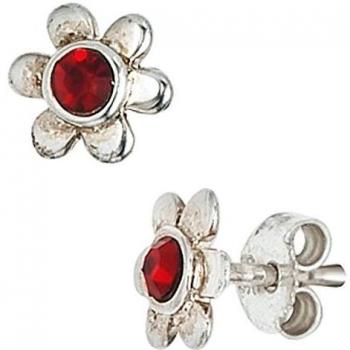 Ohrstecker Kinder Blume 925 Silber 2 rote Glassteine