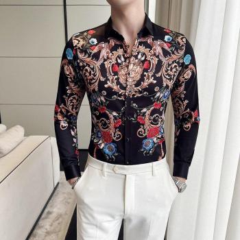 Camisa de hombre con estampado dorado, manga larga, diseño slim, ideal para ocasiones formales y de trabajo, tallas 4XL-M
