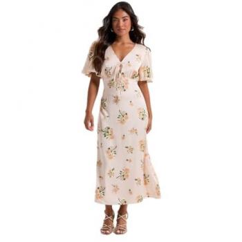 Floral Tie Front Midi Dress for Women, Petite, Puff Sleeves