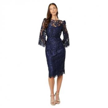 Satin Lace Boat Neck Midi Dress with Fluted Sleeves in Navy