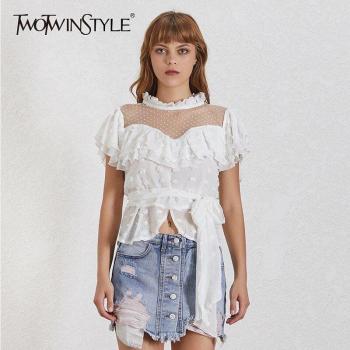 TWOTWINSTYLE Short Sleeve Polka Dot Chiffon Blouse for Women
