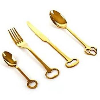 Posate da tavola di design in acciaio inox e oro, set da 6 coperti
