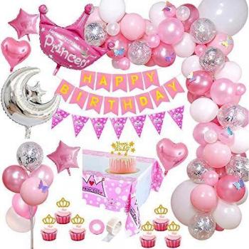 AYUQI Pink Birthday Decorations for Girls, Happy Birthday Banner with Crown and Silver Foil Balloons