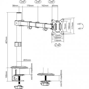 Logilink BP0171 1 Parte Supporto da Tavolo per Monitor Nero Ruotabile, Regolabile in Altezza, Inclinabile, Rotante, Gir