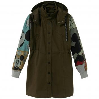 Desigual trenchcoat in donkergroen met Mickey Mouse patroon