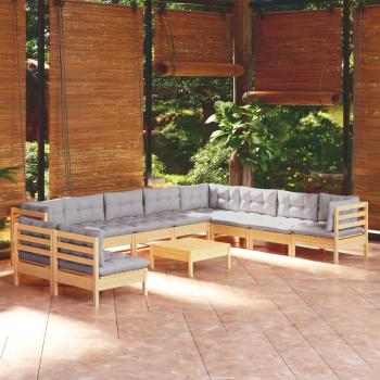 Solid Pinewood 11-Piece Garden Lounge Set with Gray Cushions