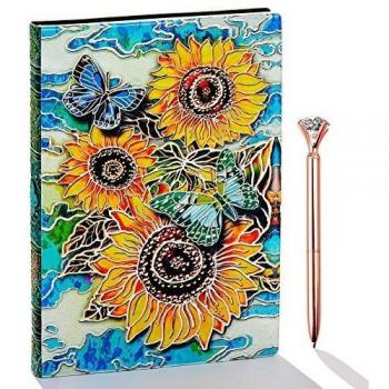 3D Sunflower Embossed Leather Writing Journal Notebook with Diamond Pen Set