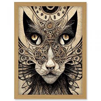Textured Mask Artwork of Cat Face in Tribal Style Framed Print A4