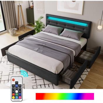 Cama Doble con Cabecero Ajustable 140x200 cm y 4 Cajones