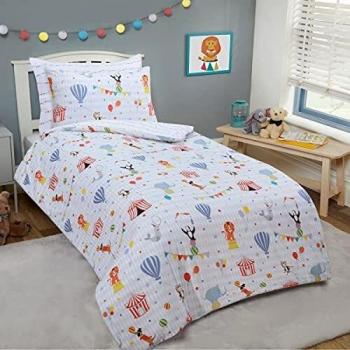 Sleepdown Kids Children's Circus Lions Monkeys Penguins Stars White Reversible Soft Easy Care Duvet Cover Quilt Bedding Set with Pillowcase