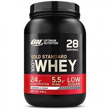Optimum Nutrition Gold Standard 100% Whey Proteína en Polvo, Glutamina y Aminoácidos Naturales, BCAA, Galletas y Crema, 28 Porciones, 896 g