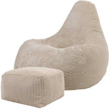 Pouf Fauteuil Beige en Velours Côtelé avec Repose-Pieds