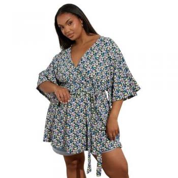 Blouse wrap noir print floral, volume doux